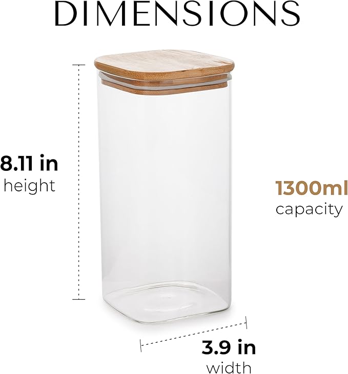 44oz Square Borosilicate Glass Canister With Bamboo Lid, Airtight Pantry Storage Jar Containers Ideal for Rice, Candy, Sugar, Flour, Nuts, Cookies and Coffee Beans (4 Pack)