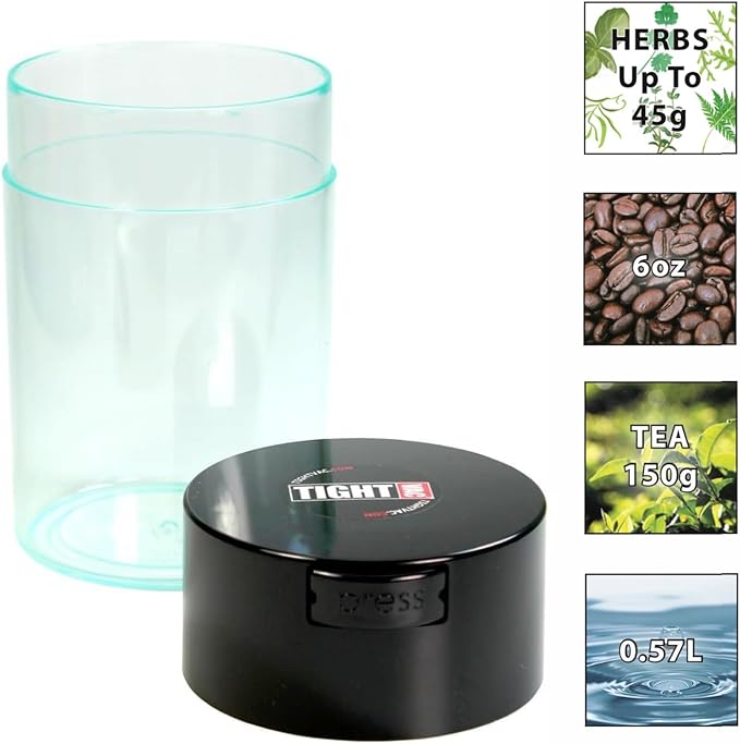 Tightvac - 1 oz to 6 ounce Airtight Multi-Use Vacuum Seal Portable Storage Container for Dry Goods, Food, and Herbs - Black Cap & Clear Body