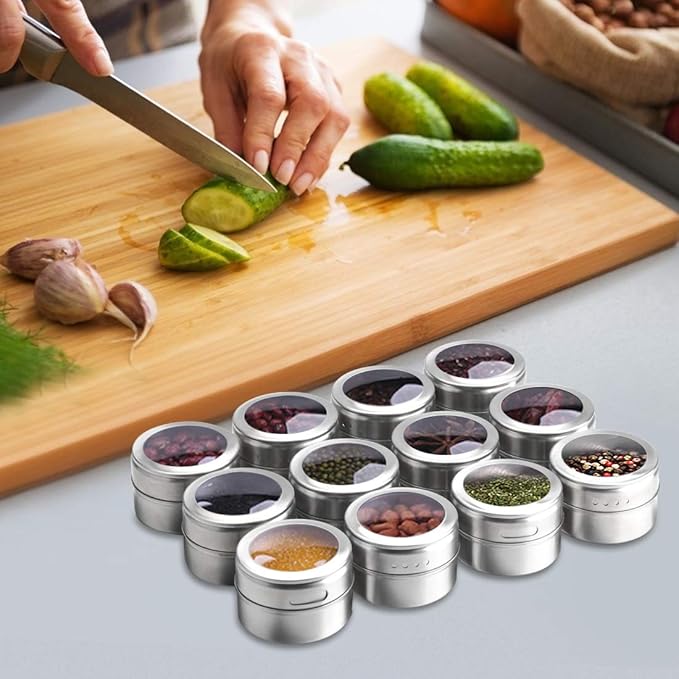 Magnetic Spice Tins 12pcs,Stainless-Steel Magnetic Spice Container Magnetic Spice Jars Easy to Clean and Rust Free Includes 120 Labeling Stickers