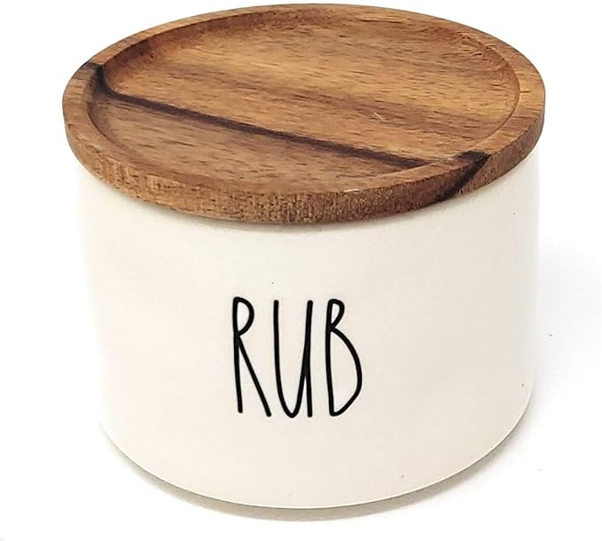 Rae Dunn by Magenta, unique with perfect imperfections. SPICE, BBQ, RUB- Stacked ceramic canister set, beige, black LL, 10in x 4.25in x 4.25in…