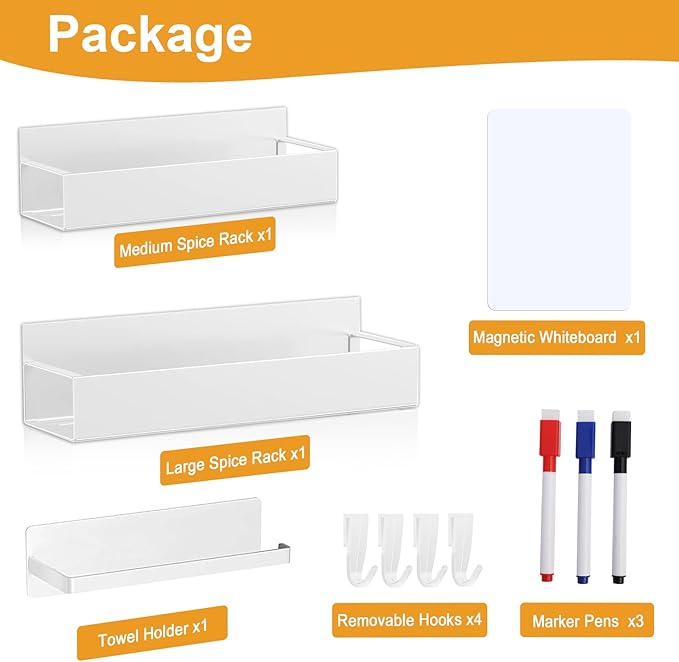 4 Pack Magnetic Spice Rack for Refrigerator,Metal Magnetic Shelf White with Paper Towel Holder,Whiteboard,3 Markers,4 Hooks,Space Saving for Home,Kitchen