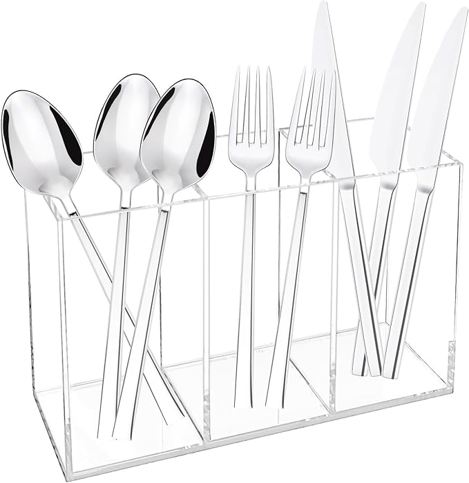 Rainmae Acrylic Cutlery Storage Organizer, Plastic Cutlery Utensil Holder Storage Organizer Caddy for Kitchen Countertop Organization - Holds Fork, Knife, Spoon, Silverware Tableware Storage Box