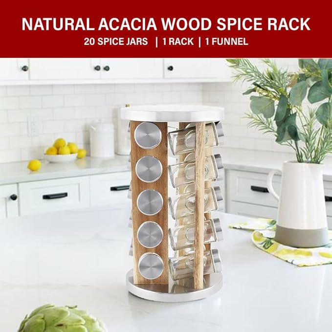 Orii Natural Acacia Wood Spice Rack with 20 EMPTY jars with Stainless Steel Lids and FREE Stainless Steel Funnel and Labels