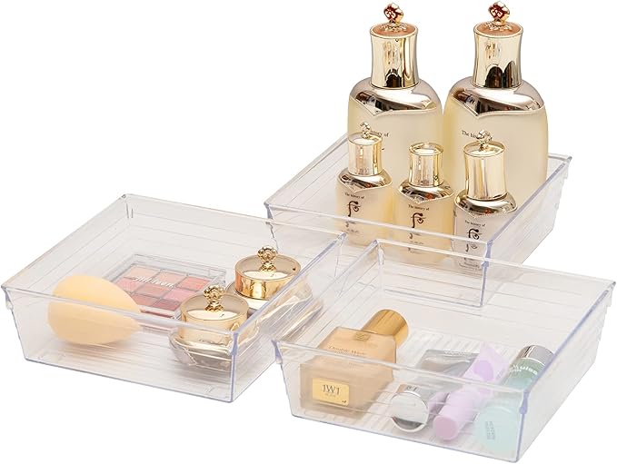 Backerysupply Clear Plastic Drawer Organizer Tray for Vanity Cabinet (6"×6"×2",Set of 8),Storage Tray for Makeup, Kitchen Utensils, Jewelries, and Gadgets…