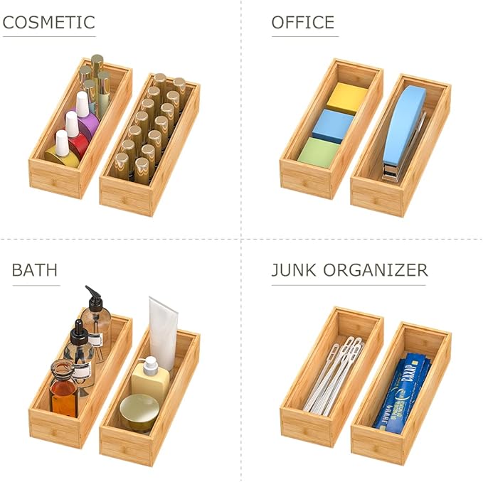 Bambloom Bamboo Kitchen Drawer Organizer, Stackable Silverware Tray Utensil Organizer Cutlery Holder for Kitchen Drawers, Wooden Storage Box for Bathroom Countertop, Multi-Use Drawer Organizer for