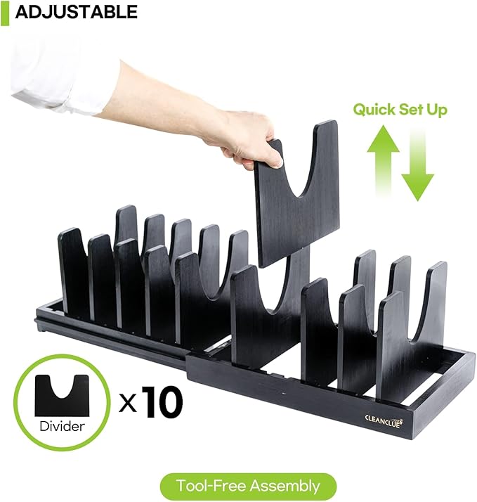 Bamboo Expandable Bakeware and Cutting Board Organizer, Adjustable Pot Lids Holder Rack, Cookie Sheet Baking Pan, Tray Organizer for Kitchen Storage (Black)