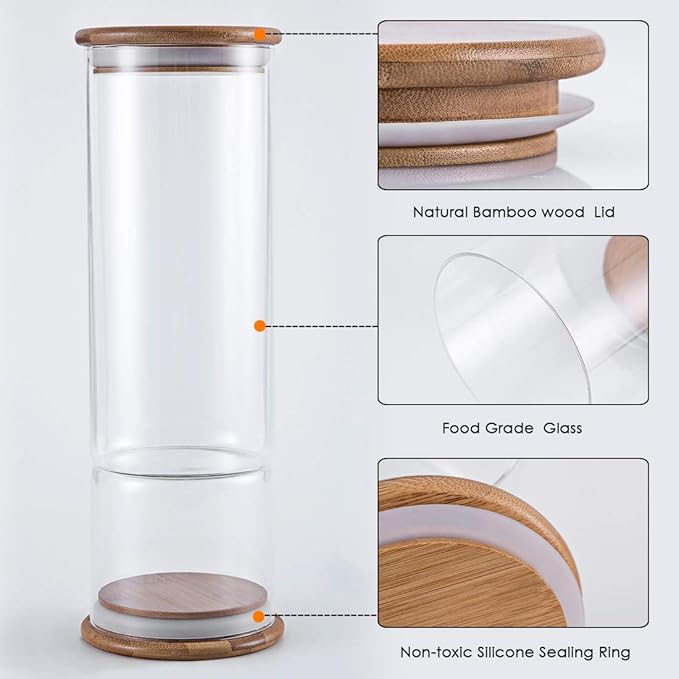 XUXIN Glass Food Storage Jars,Modern Design Clear Glass Bulk Food Storage with Airtight Bamboo Lid, Sealed Food Storage Canisters for Tea, Coffee, Spices, Cookies, Sugar. 24/35/60 oz, Set of