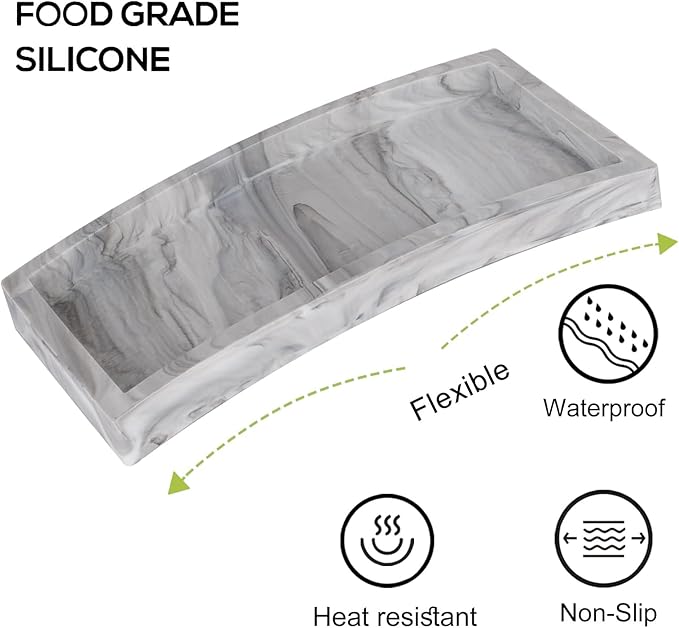 Bathroom Tray, Small Vanity Tray Silicone Soap Dish Sponge Holder Kitchen Sink Organizer Bathroom Accessories for Countertop, Toilet, Shower, 2 Pack, Marble Grey