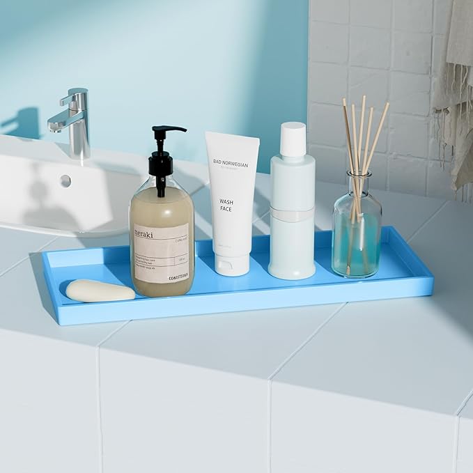 Vanity and Bathroom Tray, 15" ABS Countertop Organizer,Waterproof Vanity Tray for Toilet Tank,Perfume,Soap,Keys,Bathroom Accessories,Kitchen and Bath Trays,Non Slip Small Trays,Blue,2 Pack