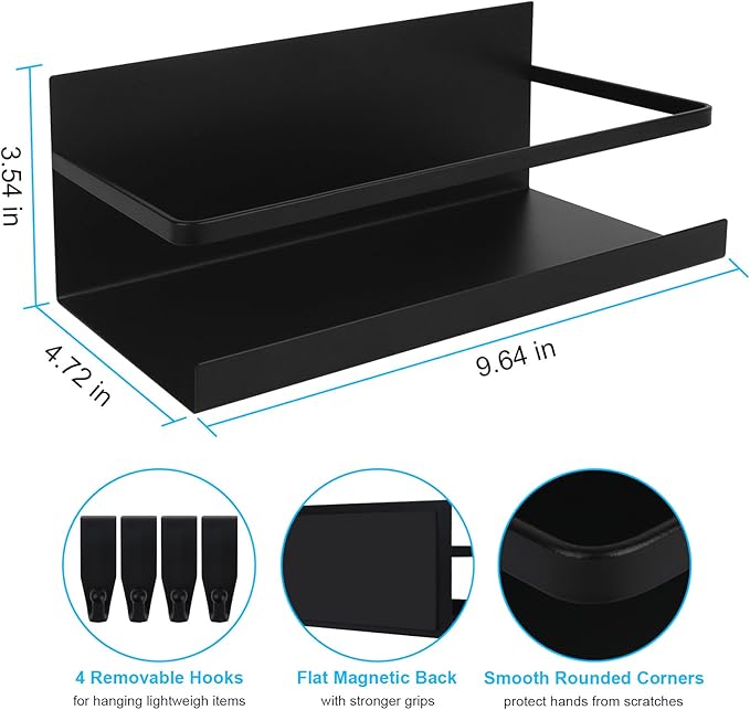 Magnetic Spice Rack for Refrigerator, 2 Pack Magnetic Shelf Spice Organizer for Spice Jars, Fridge Seasoning Organizer Spice Holder Magnet Shelves + 4 Hooks for Kitchen Pantry