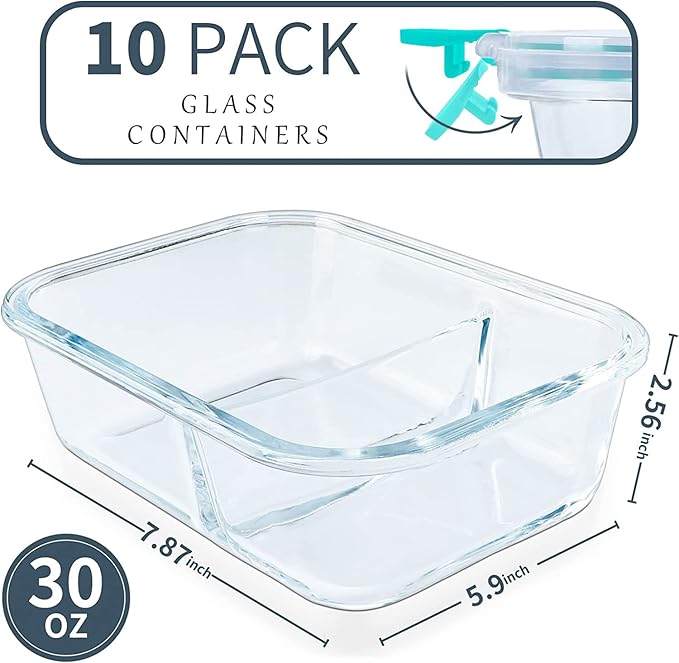 10 Packs 30oz Glass Meal Prep Containers 2 Compartments,Glass Food Storage Containers with Lids,Airtight Glass Lunch Bento Boxes,Oven,Freezer and Dishwasher Safe, Green