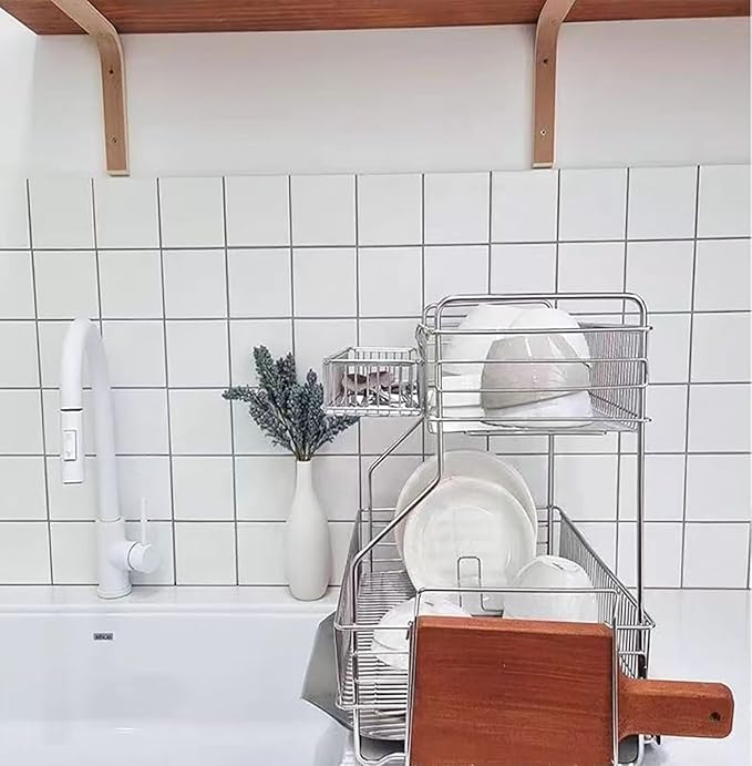 Utensil Holder, 304 Stainless Steel Rust Free Cutlery Utensil Holder, 3 Divided Compartments Silverware Organizer Rack, with Hooks Removable Drying Rack for Kitchen Organization(Silver)