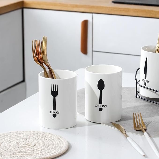 3-Piece White Ceramic Silverware Cutlery Holder with Black Metal Rack, Utensil Holder Flatware Caddy Cutlery Storage Organizer for Kitchen and Countertop (White)