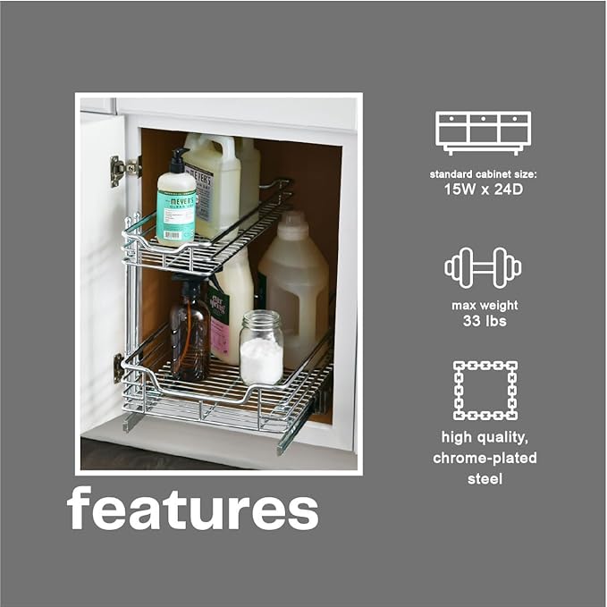 Household Essentials Glidez Multipurpose Chrome-Plated Steel Pull-Out/Slide-Out Storage Organizer for Under Sink or Under Cabinet Use - 2-Tier Design - Fits Standard Size Cabinet or Shelf, Chrome