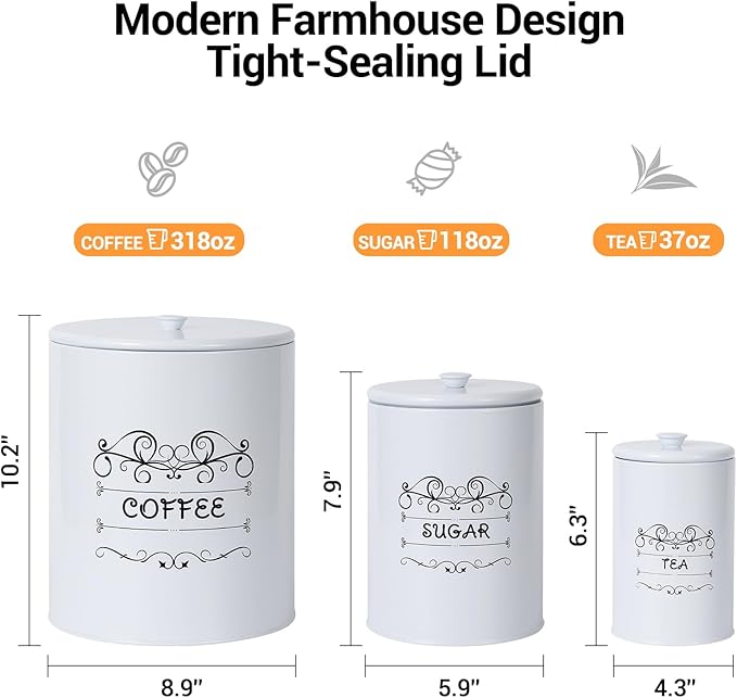 Country White Canisters Set of 3, Rustic Farmhouse Metal Containers with Airtight Lids, Kitchen Storage Canisters for Coffee, Sugar, Tea for Kitchen, Pantry Countertop