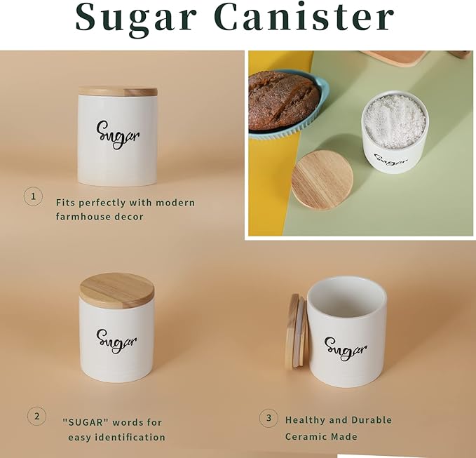 LEETOYI Porcelain Food Storage Containers with Lid, 4.5 Inch 31oz White, Labeled Sugar