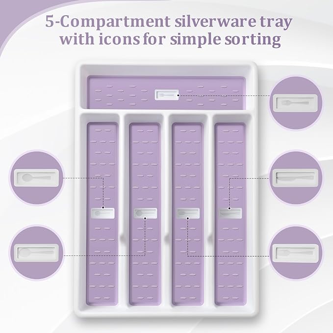 Silverware Organizer with Cutlery Icons,Silverware Tray for Kitchen Drawer,Flatware Tableware Cultery Drawer Organizer Utensil Organizer with Non-slip TPR Linings,Kitchen Organization Essentials