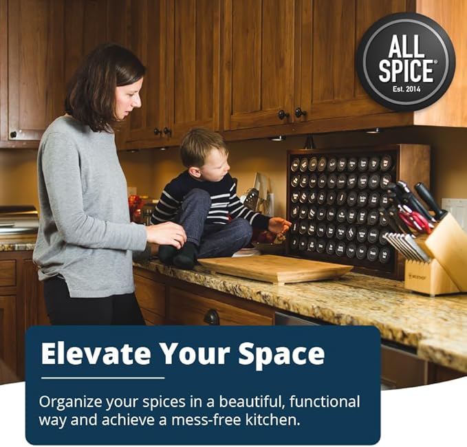 AllSpice Wood Spice Rack Organizer, 525 Unique Labels, Countertop or Wall Mount, Includes 30 4oz Jars- Walnut Stain