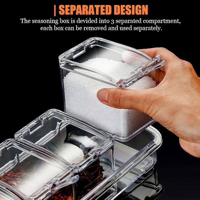 V·RESOURCING Clear Seasoning Box, 3 Pieces Seasoning Rack Spice Pots Storage Container for Spice Salt Sugar Cruet Liquid,Condiment Jars with 3 Spoons