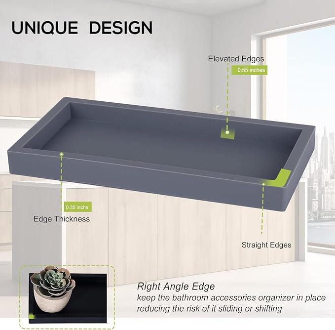 Small Silicone Bathroom Vanity Tray Rectangle Soap and Sponge Holder Kitchen Sink Organizer for Scrubber, Lotion Bottles, Perfume, Jewelry, Candle, Key Trinket Ring, Grey