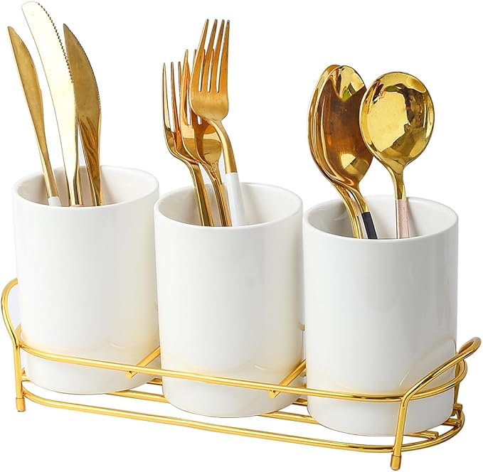 3-Piece White Ceramic Silverware Caddy with Golden Metal Rack, Utensil Holder Flatware Caddy Cutlery Storage Organizer for Kitchen Table (White+Gold)