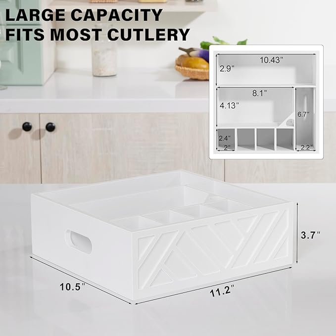 Utensil Holder for Party-Paper Plate Organizer for Countertop, Rustic Wood Silverware Caddy with 7 Compartments for Plate, Cup, Fork, Spoonpicnic Caddy for Plates and Utensils-White