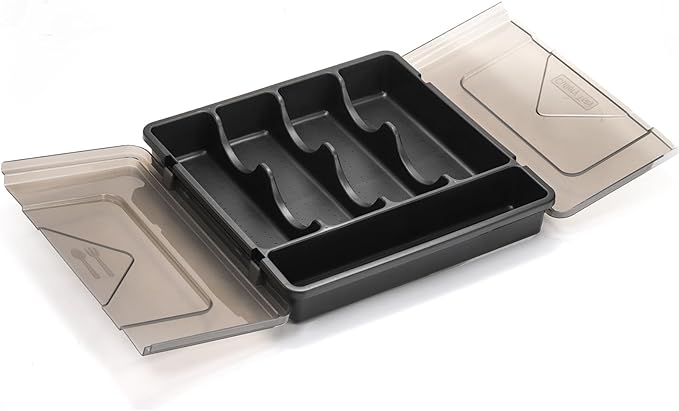 Dicuny Silverware Organizer with Lid, Covered Utensil Drawer Organizer Tray for Kitchen, 5 Compartments Plastic Black Cutlery Flatware Storage Box for Spoons Forks Knives, Office, RV, Countertop