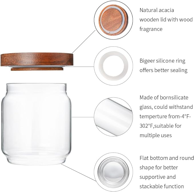 Glass Storage Containers Set of 4, 15 FL OZ High Borosilicate Glass Jars Kitchen Food Canisters with Acacia Wood Lids for Coffee Beans/Sugar/Tea/Nuts