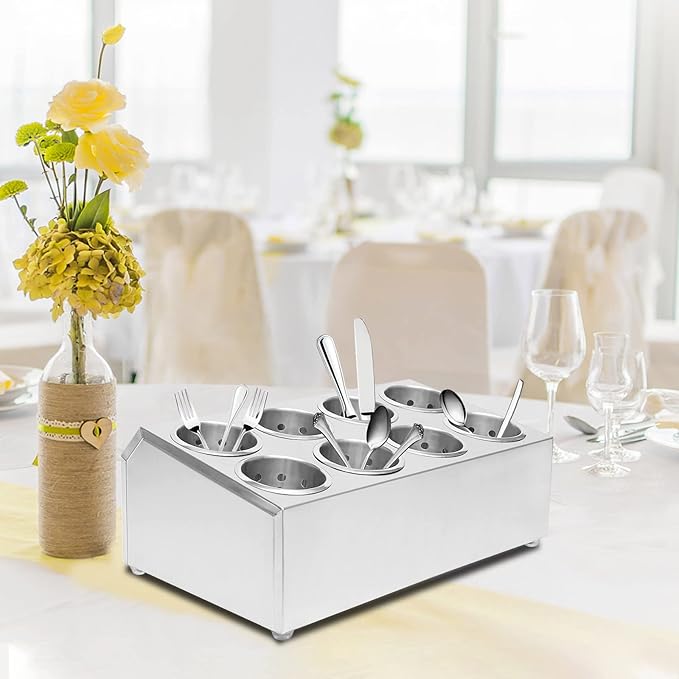 Commercial Silverware Caddy Utensil Holder Countertop 8 Holes Utensil Dispenser Holder Stainless Steel Cylinder Flatware Silverware Organizer for Restaurant Buffet