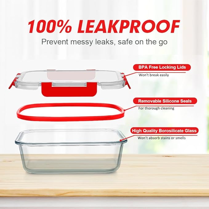 VERONES 24 Pieces Glass Food Storage Containers Set, Airtight Glass Lunch Containers, Glass Meal Prep Containers with Lids,Exclusive of BPA, for Microwave, Oven, Freezer & Dishwasher Friendly,Red