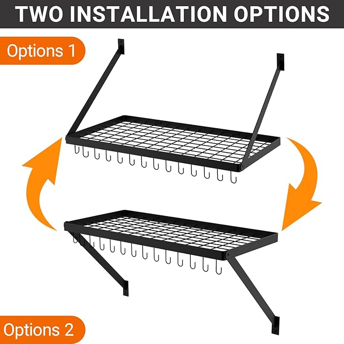 Square Grid Wall Mount Pot Rack Storage Shelf with 10 Hooks, Kitchen Cookware Hanging Organizer, Black, KPR300A-BK