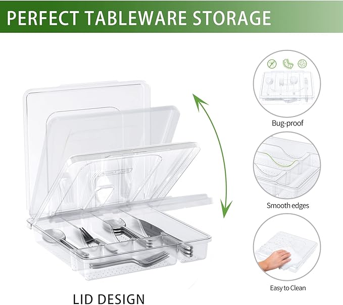 Utensil Holder for Countertop with Lid, Plastic Silverware Tray for Drawer, 5 Compartments Flatware Organizer,Transparent