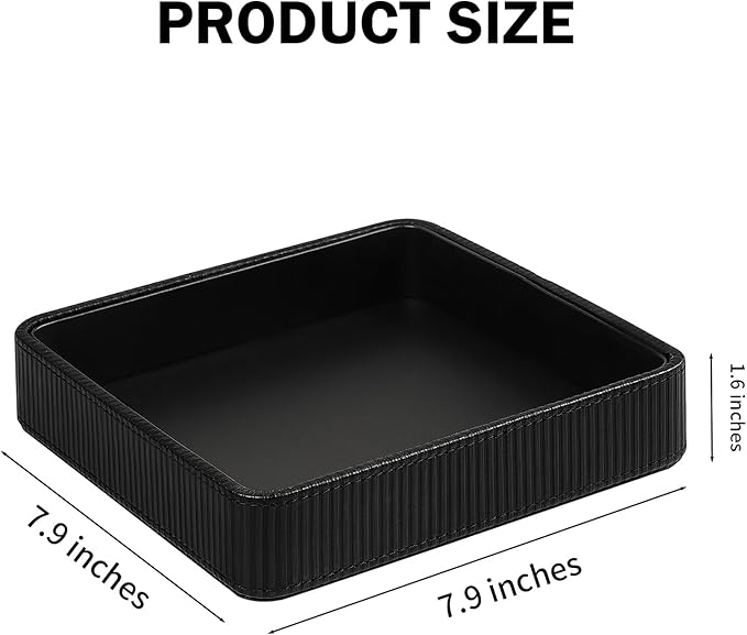PU Leather Valet Tray Organizer, Small Nightstand Organizer Bedside Desktop Storage for Womens and Men, Perfume Trinket Catchall Vanity Tray for Key Watch Wallet (Black, Square)