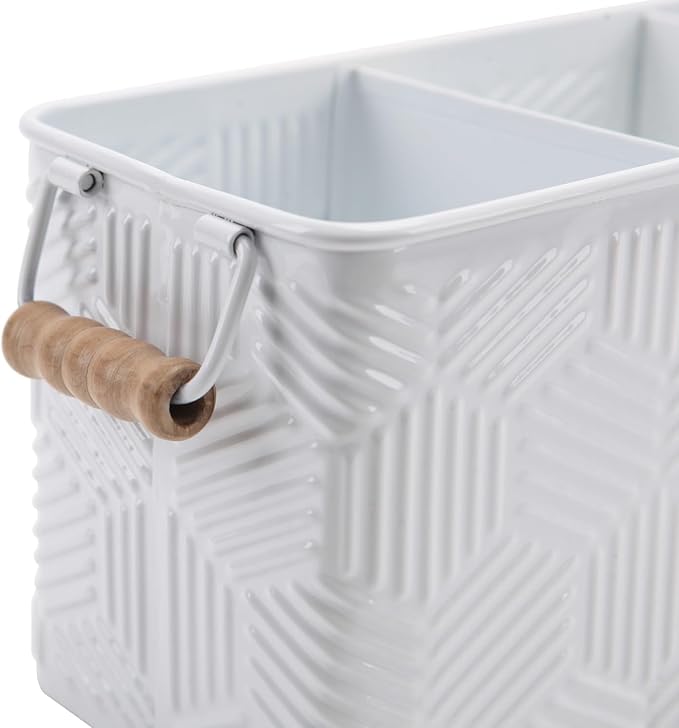NIKKY HOME Farmhouse White Silverware Organizer with 3 Compartments Cutlery Caddy Kitchen Countertop Flatware Holder for Utensil, Spoons, Knives, Forks, Hexagon Stripe Embossed Pattern