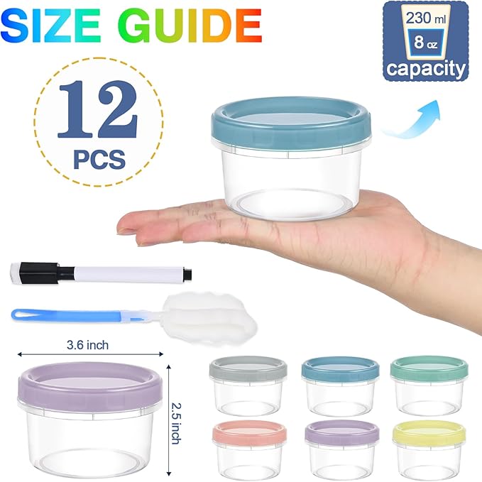 12pcs 8 oz Plastic Containers with Screw Lids, Reusable Clear Food Storage Containers with Pen and Brush for Snack Salad Fruit, Leakproof Small Freezer Containers, Microwave & Dishwasher Safe