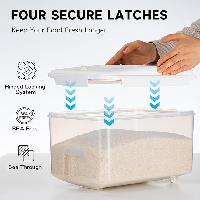 Rice Storage Container 20 lbs - 15 lbs Airtight Flour Dispenser with Lids & wheel, BPA Free, kitchen organizers for Pet/Cat/Dog Food Storage Container (10 lbs), White