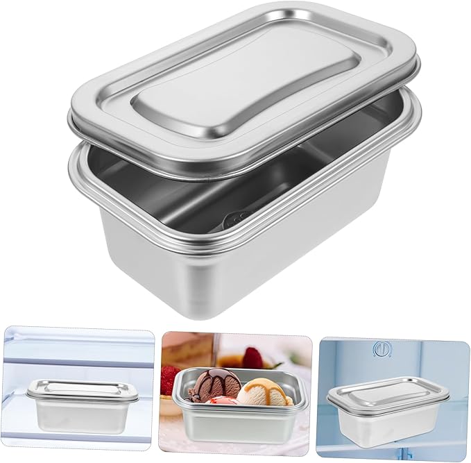 DOITOOL Reusable Ice Cream Storage Containers for Freezer with Lids Stainless Steel Freezer Box Insulated Ice Cream Tub Fridge Organizer Box for Refrigerator, 17 X 11 X 7cm