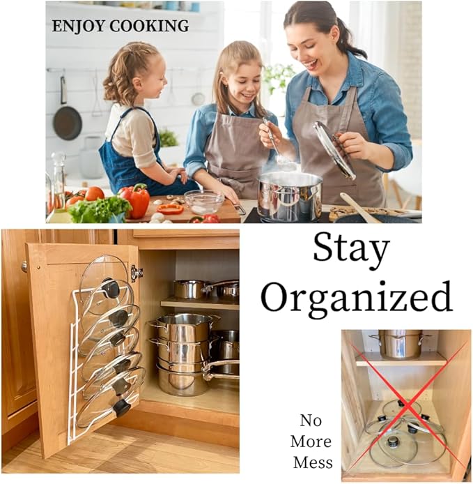 Evelots 6 Pot Lid Organizer for Cabinet Door or Pantry Wall - Closet Door Pots and Pans Lids Holder - Glass or Metal Pan Covers Cabinet Organizer Kitchen Storage - White 6 Tier Lid Rack