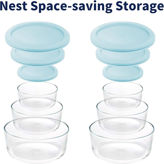 Luvan Glass Storage Containers with Lids, Set of 6 Round Glass Food Storage Containers (2cup/4cup/7cup) for Kichen and Storage, Dishwasher, Refrigerator and Microwave Oven Safe