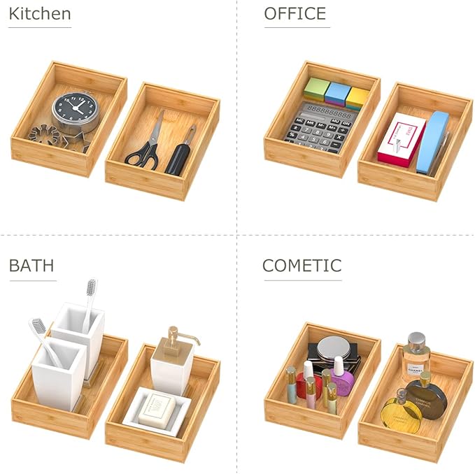 Bamboo Drawer Organizer Storage Box Kitchen - Wood Stackable Tray Set of 2 (9x6x2 inch)