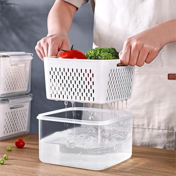 4 Pack Large Airtight Fridge Food Organizer Containers, Fruit and Vegetable Storage Containers with lids, Portable Outdoor Picnics Food Storage with Removable Colanders(4.15L+3.15L+1.7L+0.8L)