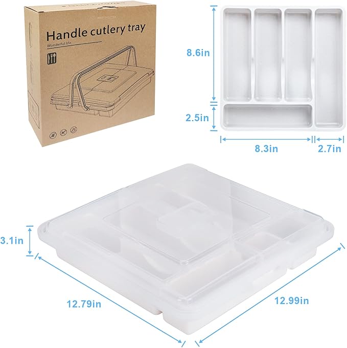 Portable Utensil Holder for Countertop with Lid & Handle, Plastic Silverware Tray for Drawer Flatware Organizer, White