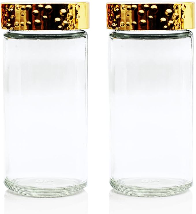 2pcs Gold Spice Jars, 3 oz Glass Seasoning Bottles, Spices Container, Empty Spice Jars, Round Spice Bottles with Airtight Plastic Caps with Shaker Lids (2, gold)