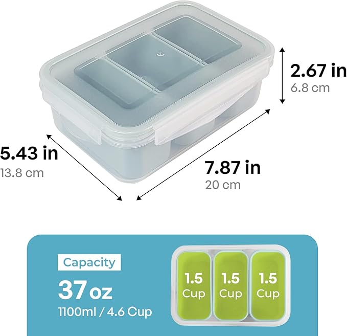 carrotez Food Storage Containers with 3 Removable Compartments, Food Prep Container with Airtight Lids, Portion Control Container, Microwave Safe, Reusable, 4.64 Cup (1100ml)