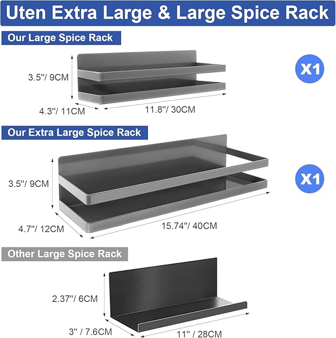 Uten Large Magnetic Spice Rack for Refrigerator, 2 Pack Enhanced Magnetic Shelves, Magnetic Shelf Moveable Fridge Organizer for Kitchen Holding Spices, Jars, Perfect Space Saver Storage Spice Rack