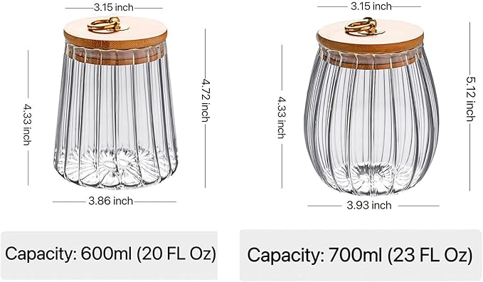 Strip Pattern Clear Glass Sugar Jar with Bamboo Lid,Food Storage Jar,Glass Jar with Lid,Coffee Candy Canister Airtight Storage Container (Conical+Oval)