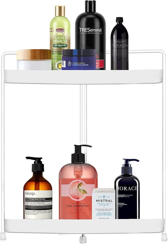 2 Tier Corner Shelf Rack Kitchen Counter Cabinet Bathroom Organizer Makeup Cosmetic countertop Organization and Storage Under Sink Organizers Perfume Trays for Dresser White