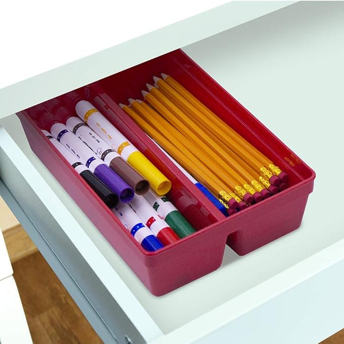Glad Plastic Drawer Storage Tray – Heavy Duty Organizer Bin for Home, Kitchen, Bath, Bedroom, Office | Non-Slip Feet, Red, 2-Compartment