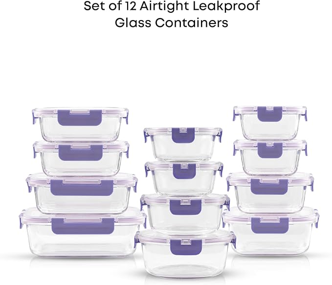 JoyJolt 24pc Borosilicate Glass Storage Containers with Lids. 12 Airtight, Freezer Safe Food Storage Containers, Pantry Kitchen Storage Containers, Glass Meal Prep Container for Lunch