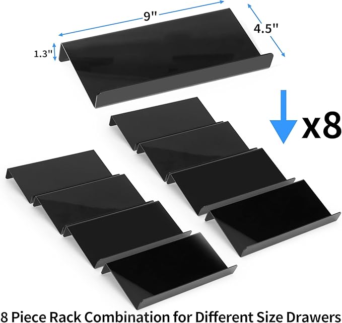 MIUKAA Black Spice Drawer Organizer, 4 Tier- 8 Pack Acrylic Drawer Seasoning Organizer, Expandable From 9'' to 18''Kitchen Spice Rack Tray for Drawer/Countertop (Jars not included)